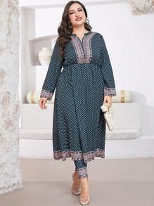 Mulvari Plus Allover Print Notched Neckline Top & Trousers - Multicolor - View 6