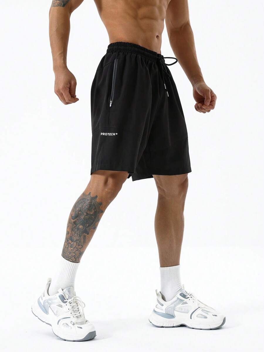 Running Men Letter Graphic Drawstring Waist Sports Shorts Sweat Pants Black Shorts - Black - View 1
