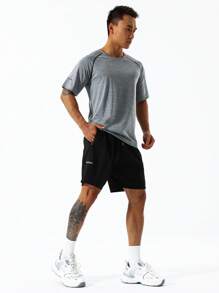 Running Men Letter Graphic Drawstring Waist Sports Shorts Sweat Pants Black Shorts - Black - View 3