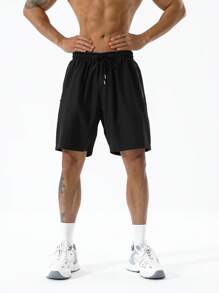 Running Men Letter Graphic Drawstring Waist Sports Shorts Sweat Pants Black Shorts - Black - View 5