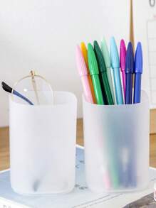 1pc Solid Color Clear Stationery Storage Box, Simple Multi-purpose Pen Holder For Student Stationery Storage - White - View 1