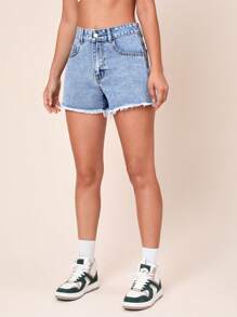 SHEIN EZwear Coolmax Raw Hem Denim Shorts - Light Wash - View 1