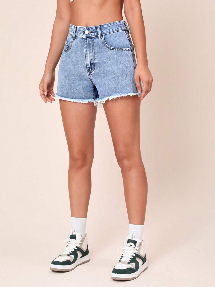 SHEIN EZwear Coolmax Raw Hem Denim Shorts - Light Wash - View 1