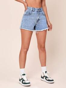 SHEIN EZwear Coolmax Raw Hem Denim Shorts - Light Wash - View 3