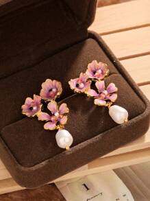 1對法式奢華吊式耳環採用文化珍珠、琺瑯塗層、人造水晶和油滴花設計，適合節日派對 - 中紫紅色 - 查看 1