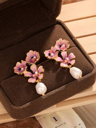 2 piezas Pendientes largos flor & con diseño de perla natural