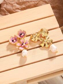 1對法式奢華吊式耳環採用文化珍珠、琺瑯塗層、人造水晶和油滴花設計，適合節日派對 - 中紫紅色 - 查看 2