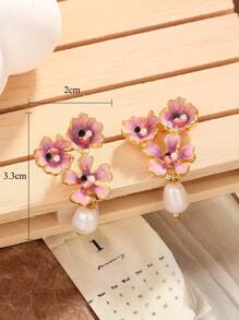 1對法式奢華吊式耳環採用文化珍珠、琺瑯塗層、人造水晶和油滴花設計，適合節日派對 - 中紫紅色 - 查看 3