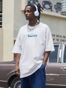 INFLATION Camiseta con estampado de slogan de hombros caídos - Blanco - Ver 2