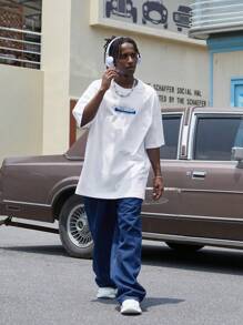 INFLATION Camiseta con estampado de slogan de hombros caídos - Blanco - Ver 4