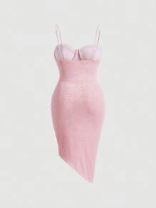 SHEIN MOD 大碼花卉圖案提花抽繩褶邊緊身吊帶連衣裙 - 淺粉色 - 查看 2