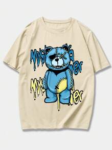 ROMWE MEN Street Life 男士熊和字母圖形下垂肩t恤 - 卡其色 - 查看 1