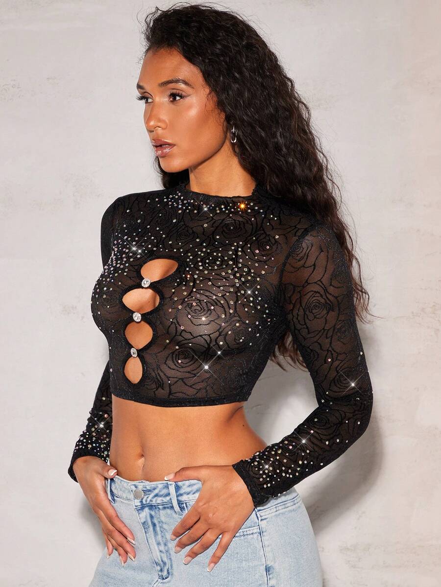 SHEIN BAE Áo nữ Cắt ra Xù nhỏ Pha lê kim cương cắt màu trơn Gợi cảm - màu đen - Xem 1
