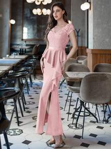 MIUSOL Vestido de fiesta de noche con contraste de encaje, cuello en V, mangas cortas, volantes y abertura en el muslo - Rosa Pálido - Ver 8