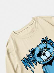 ROMWE MEN Street Life 男士熊和字母圖形下垂肩t恤 - 卡其色 - 查看 4