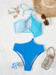 拼色镂空单肩连体泳衣 夏季 - 藍色 - 查看 1