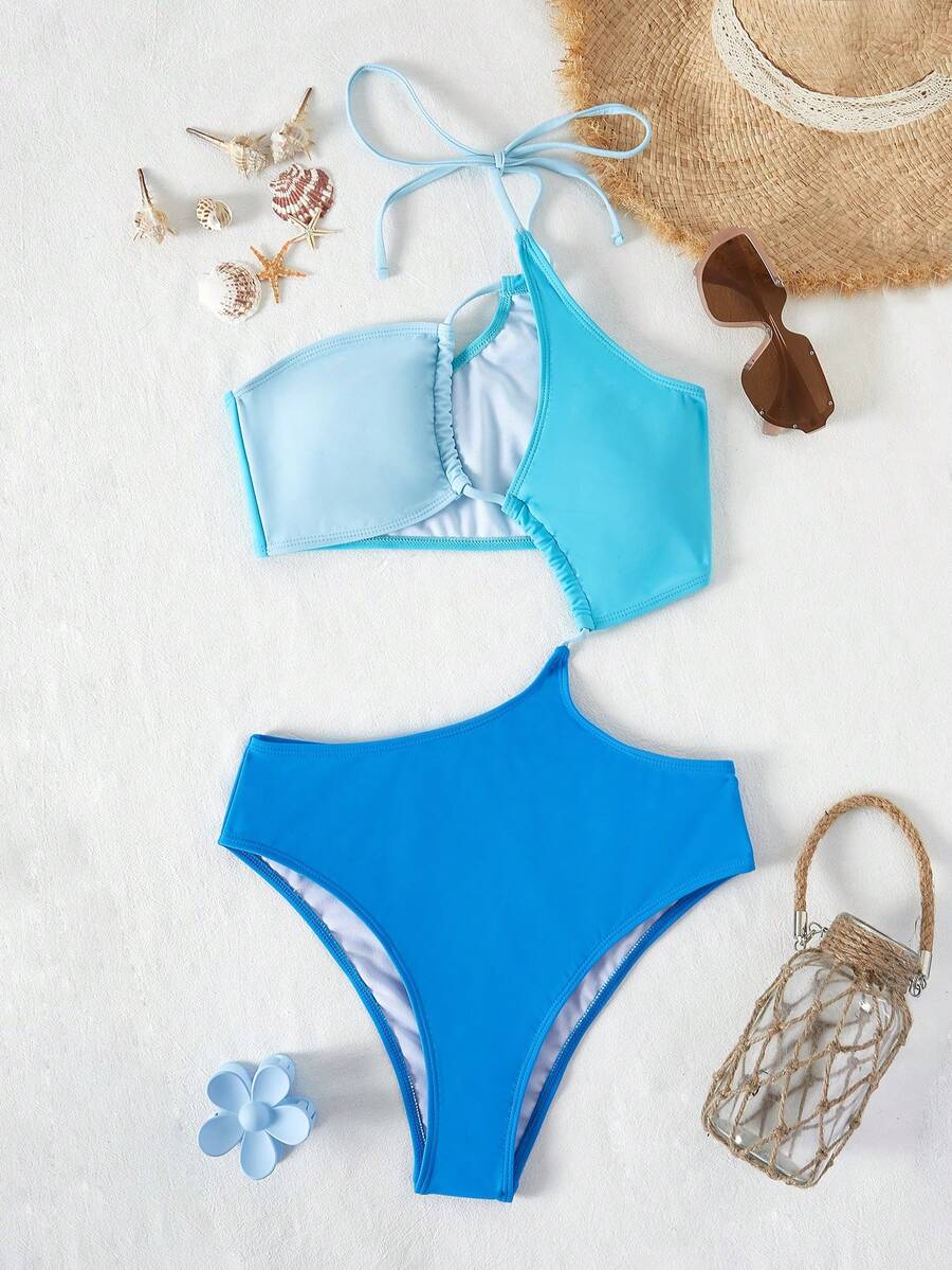 拼色镂空单肩连体泳衣 夏季 - 藍色 - 查看 1