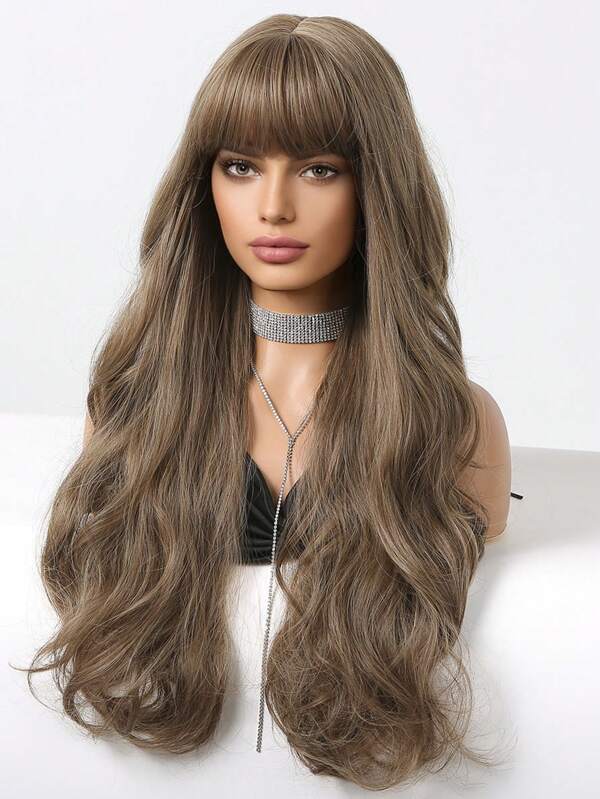 Brown Synthetic Fiber Wig With Bangs And Long Wavy Curls SHEIN USA