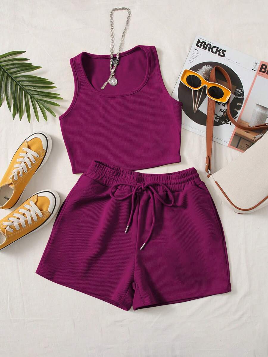 SHEIN EZwear Plus Solid Tank Top & Knot Front Shorts - Red Violet - View 1