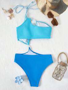 拼色镂空单肩连体泳衣 夏季 - 藍色 - 查看 2