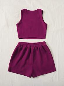 SHEIN EZwear Plus Solid Tank Top & Knot Front Shorts - Red Violet - View 2