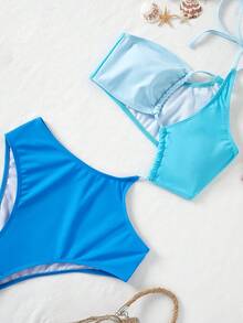 拼色镂空单肩连体泳衣 夏季 - 藍色 - 查看 7