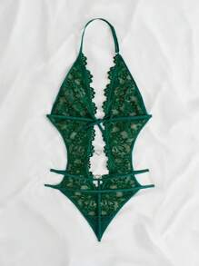 Floral Lace Heart Ring Linked Cut Out Backless Halter Teddy Bodysuit Lingerie - Dark Green - View 2