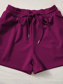 SHEIN EZwear Plus Solid Tank Top & Knot Front Shorts - Red Violet - View 4