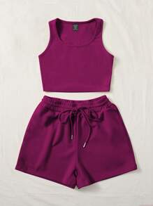 SHEIN EZwear Plus Solid Tank Top & Knot Front Shorts - Red Violet - View 5
