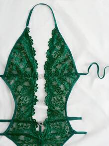 Floral Lace Heart Ring Linked Cut Out Backless Halter Teddy Bodysuit Lingerie - Dark Green - View 4