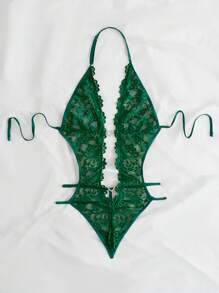Floral Lace Heart Ring Linked Cut Out Backless Halter Teddy Bodysuit Lingerie - Dark Green - View 5