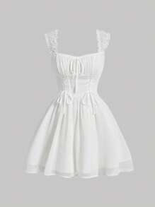 SHEIN MOD 素色繫帶胸部褶皺褶邊連衣裙 - 白色 - 查看 1