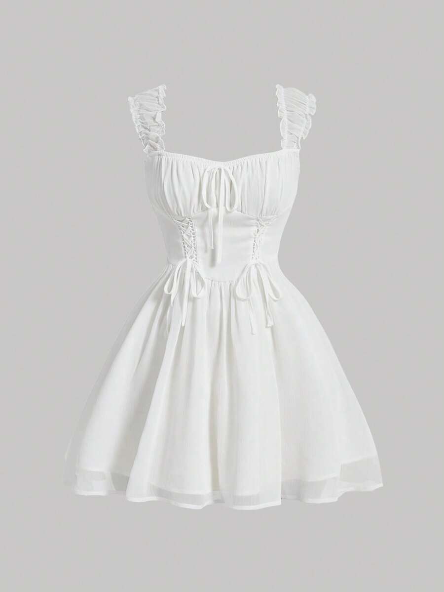 SHEIN MOD 素色繫帶胸部褶皺褶邊連衣裙 - 白色 - 查看 1