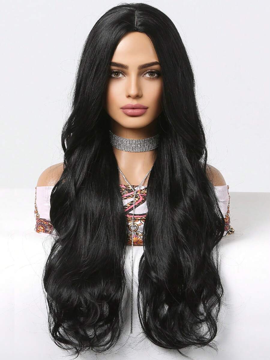 天然黑色 28 英寸中分型大波浪長捲髮合成頭髮合成編織假髮 - 黑色 - 查看 1