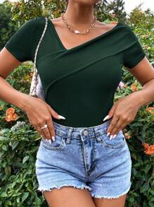 SHEIN Privé 素色不對稱領連體衣 - 墨綠色 - 查看 4