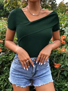 SHEIN Privé 素色不對稱領連體衣 - 墨綠色 - 查看 5