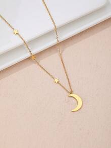 1件装奢华优雅星月吊坠项链，不锈钢女士毛衣链，约会时尚礼物 - 金黃色 - 查看 3