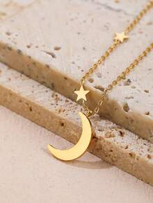 1件装奢华优雅星月吊坠项链，不锈钢女士毛衣链，约会时尚礼物 - 金黃色 - 查看 2