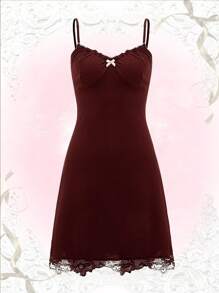 ROMWE Kawaii Contrast Lace Cami Dress - Burgundy - View 1