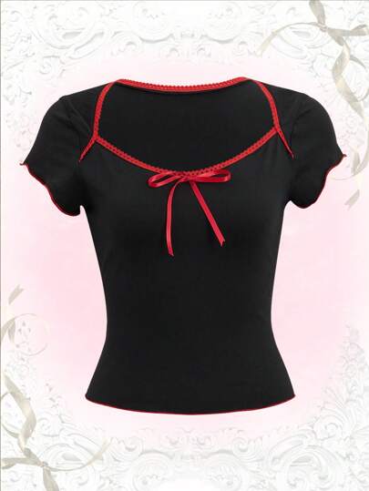 Kawaii Camiseta unido en contraste ribete en forma de lechuga