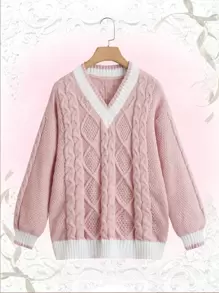 ROMWE Kawaii Jersey tejido de cable ribete en contraste de hombros caídos - Rosa - Ver 1
