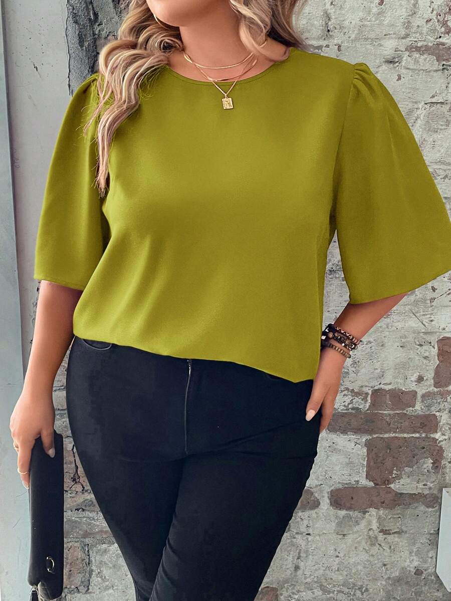 EMERY ROSE 加大纯色泡泡袖衬衫 - 橄欖綠 - 查看 1