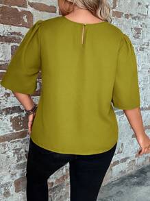 EMERY ROSE 加大纯色泡泡袖衬衫 - 橄欖綠 - 查看 2