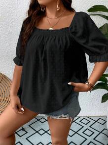 SHEIN Holidaya Áo sơ mi Plus Size Xù màu trơn Giải trí - màu đen - Xem 4