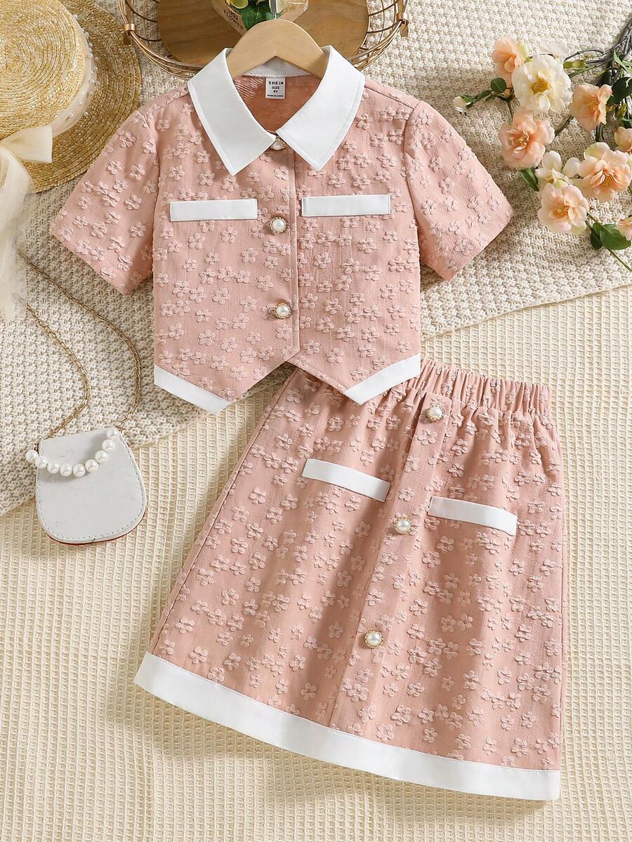 SHEIN Girls Contrast Trim Asymmetrical Hem Blouse & Skirt - Dusty Pink - View 1