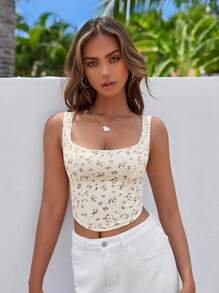 SHEIN MOD Ditsy Floral Print Crop Tank Top - Beige - View 1