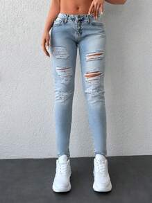 RueChic Ripped Skinny Jeans - Light Wash - View 1