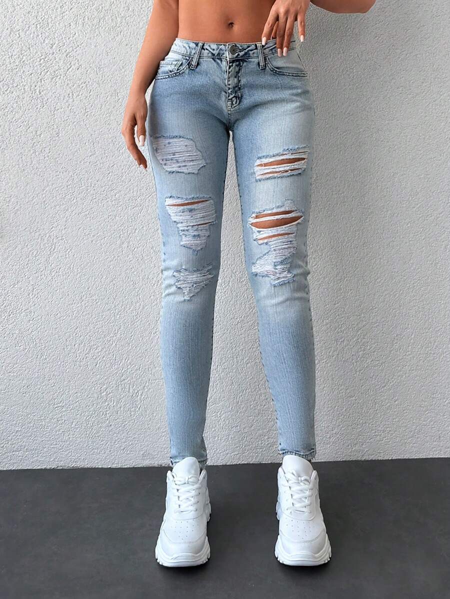 RueChic Ripped Skinny Jeans - Light Wash - View 1