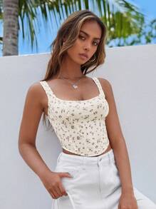 SHEIN MOD Ditsy Floral Print Crop Tank Top - Beige - View 4