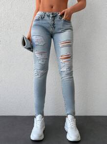 RueChic Ripped Skinny Jeans - Light Wash - View 3